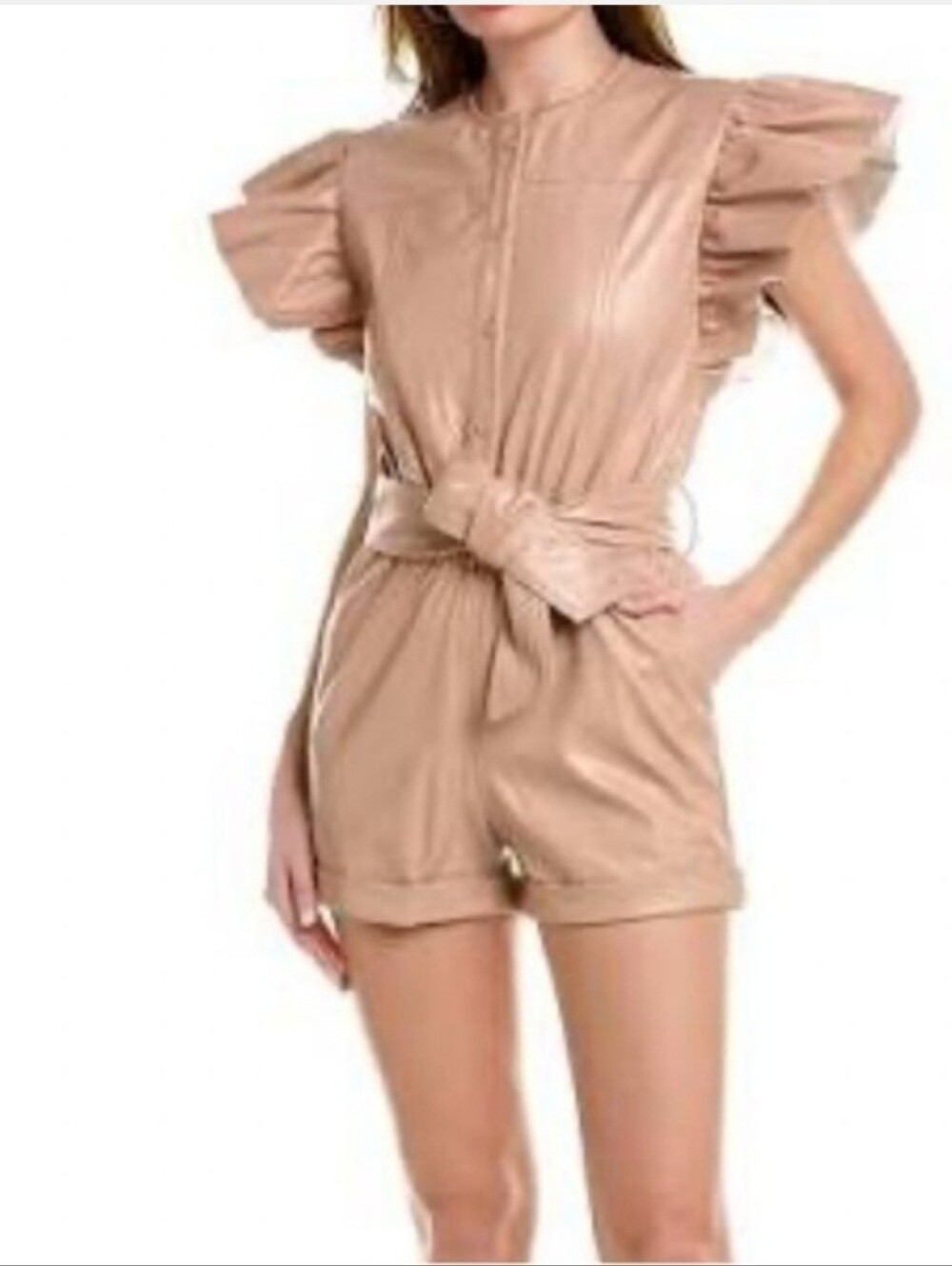SAYLOR Tan Faux-Leather Gilda  Ruffle Sleeve Tie-Waist Romper Boho Resortwear
